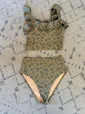 Geode High-Waist Two-Piece Swimsuit Set in Olive with Yellow Floral Print
